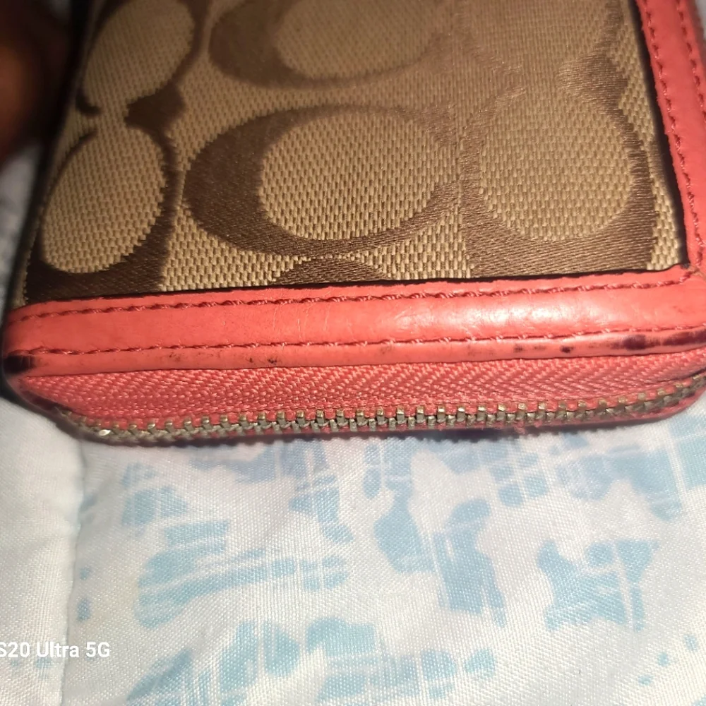 Coach Signature Canvas Tan and Pink Wallet